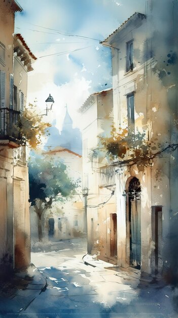 Light watercolor small town ai generated high quality illustration