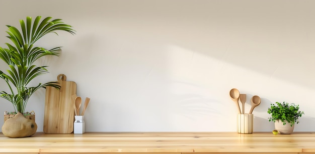 light wooden kitchen counter with a blank space for mockups