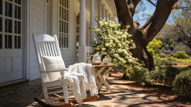 A light wooden rocking chair against the background of a white house The theme of rest and relaxation