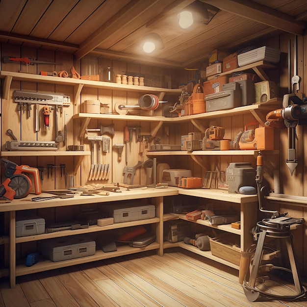 Light wooden shelves with tools screwdriver hammer inside a welllit garage with tools