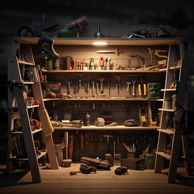 Light wooden shelves with tools screwdriver hammer inside a welllit garage with tools