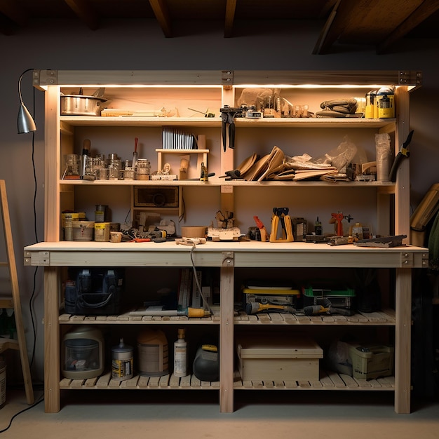 Light wooden shelves with tools screwdriver hammer inside a welllit garage with tools