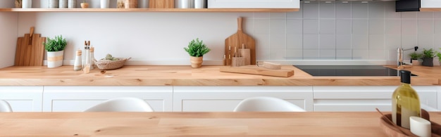 Light wooden table on the background of a blurred kitchen white kitchen Generative AI