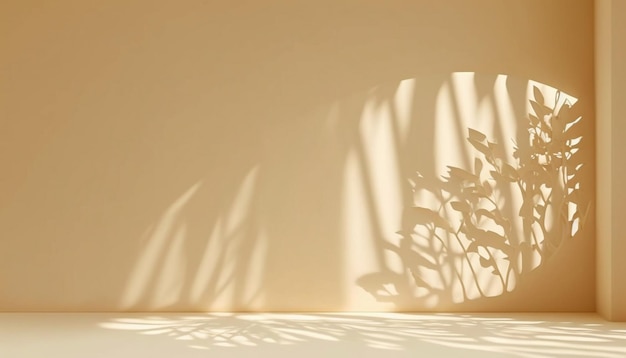 A light yellow wall with a shadow of a plant on it