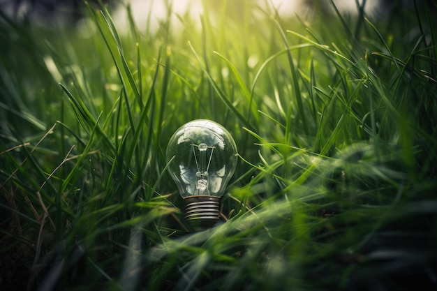 Lightbulb in Green Grass Minimalist and Dreamy CloseUp Photo with Contrasting Colors and Detail High Quality Image for Innovative and EcoFriendly Lighting Solutions