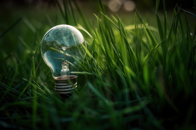 Lightbulb in Green Grass Minimalist and Dreamy CloseUp Photo with Contrasting Colors and Detail High Quality Image for Innovative and EcoFriendly Lighting Solutions