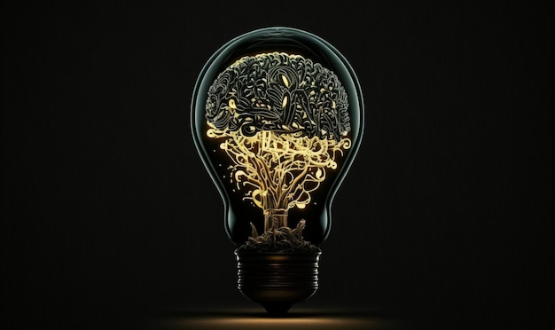 Lightbulb and Human Brain with Inside a lightbulb is a luminous human brain against a dark background Generative AI