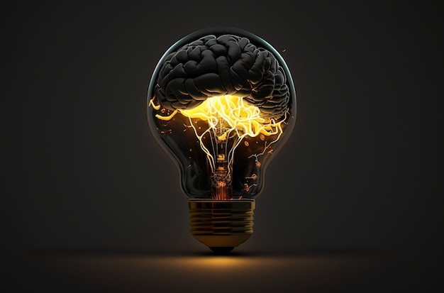 Lightbulb and Human Brain with Inside a lightbulb is a luminous human brain against a dark background Generative AI