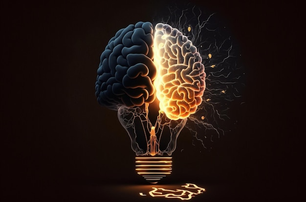 Lightbulb and Human Brain with Inside a lightbulb is a luminous human brain against a dark background Generative AI