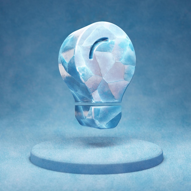 Lightbulb icon. Cracked blue Ice Lightbulb symbol on blue snow podium. Social Media Icon for website, presentation, design template element. 3D render.