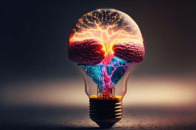 A lightbulb illuminating above a brain, representing the spark of a new idea.