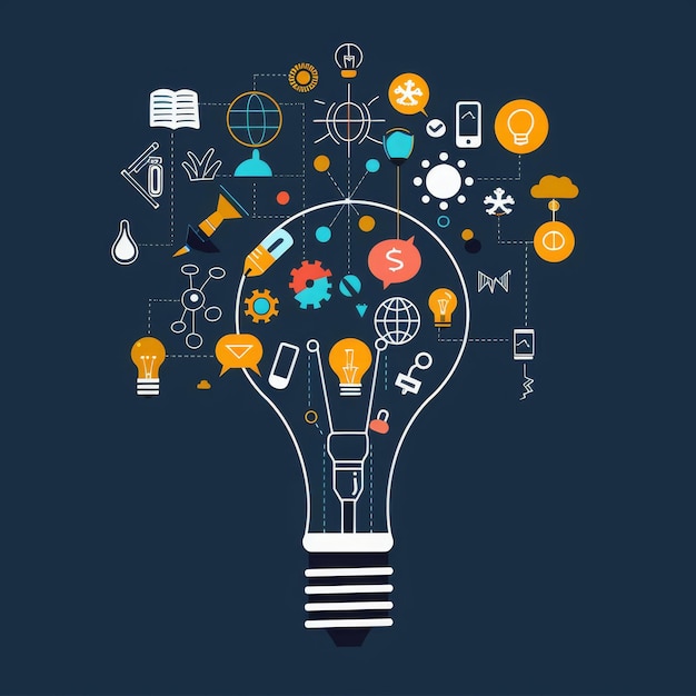 Lightbulb illustration with learning icons for study knowledge to creative thinking idea