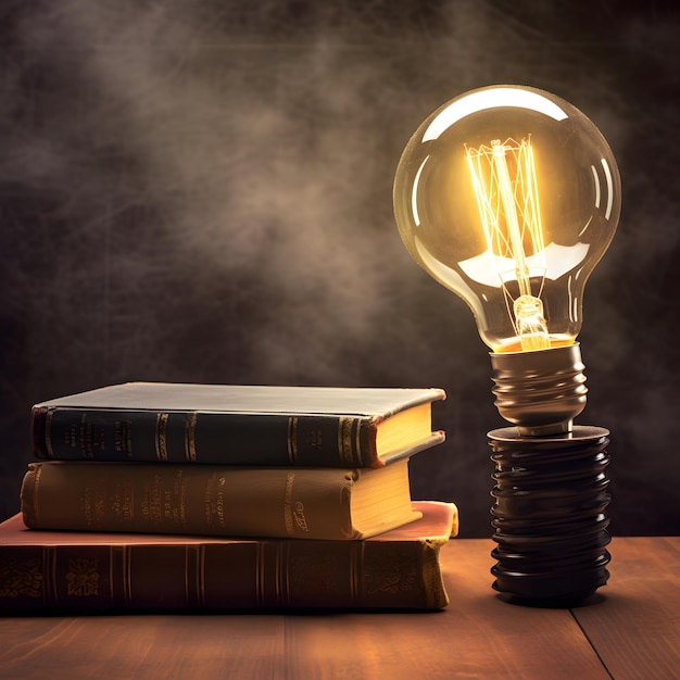 A lightbulb is on top of a stack of books and a book on a table