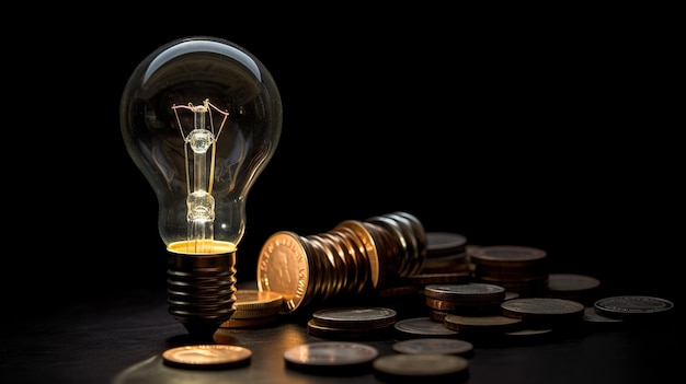 A lightbulb with coins on the table