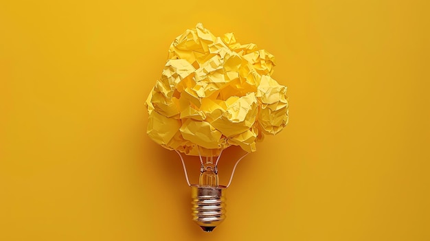 Photo a lightbulb with crumpled yellow paper forming the bulb