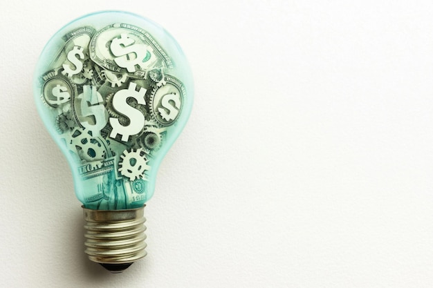 Photo lightbulb with dollar signs and gears