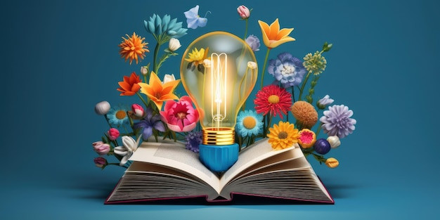 Lightbulb with Flowers on Open Book Getting Smart and Intelligent from Reading Book Created with Ai