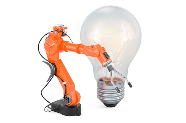 Lightbulb with robotic arm 3D rendering