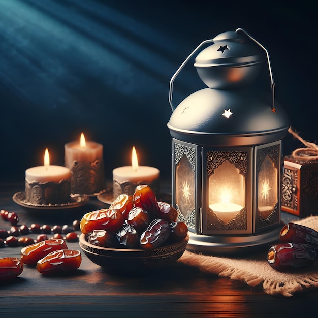 Lightened lantern and dates fruit on wooden table over dark background Ramadan Kareem