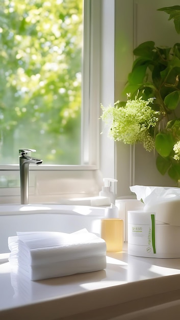 Photo lightfilled bathroom with softtouch tissues and greenery