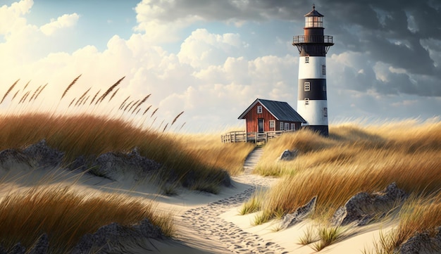 Lighthouse along the dune beach AI generative