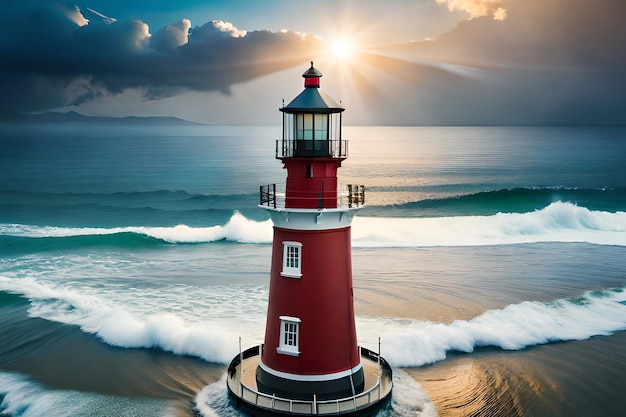 A lighthouse on the beach with a sunset behind it