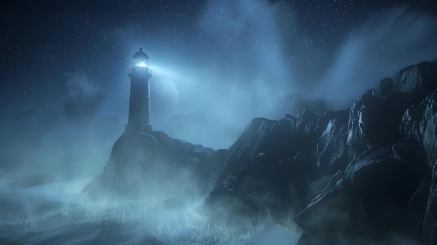 The Lighthouse A Beacon of Hope Amidst the Fog and Waves on a Starlit Night