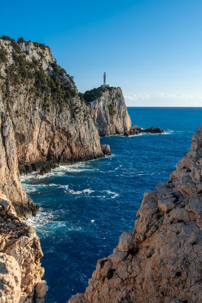 Lighthouse or Cape Ducato Lefkas in the southern area of the Greek island of Lefkada Greece