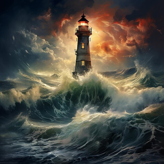 A lighthouse caught in the storms rushing waves guides ships to safety