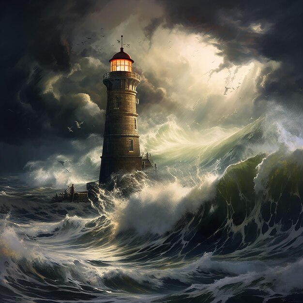 A lighthouse caught in the waves of the storm provides protection to the ships