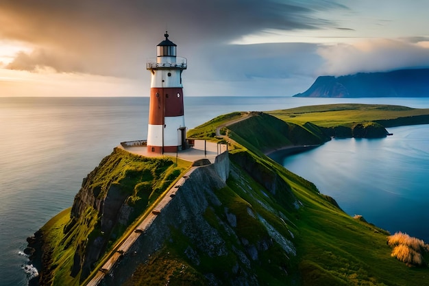 A lighthouse on a cliff overlooking the ocean