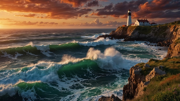 a lighthouse on a cliff with the ocean in the background