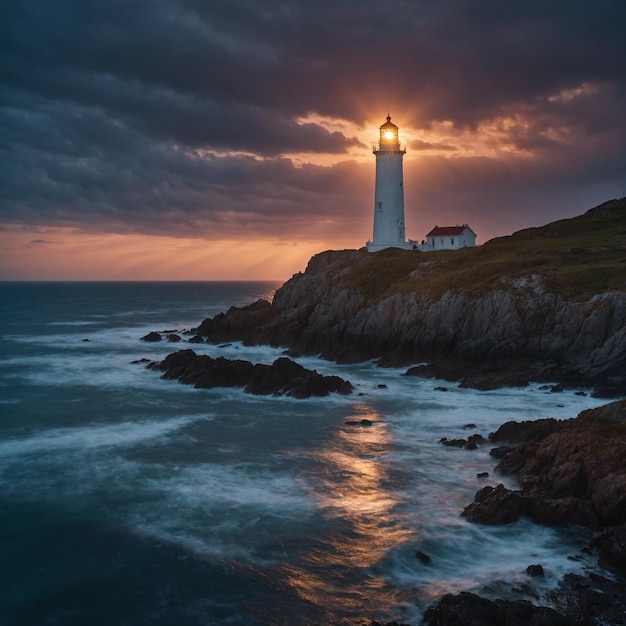 a lighthouse on a cliff with the sun shining through the clouds