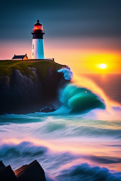 A lighthouse on a cliff with a sunset in the background