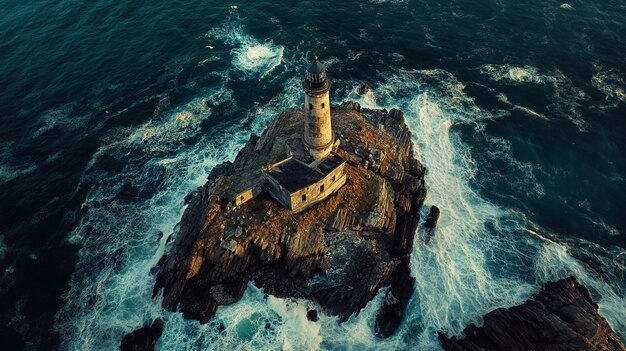 Photo a lighthouse on a cliff with waves crashing around it