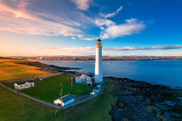 Lighthouse on the coast of the North Sea in Scotland view from above