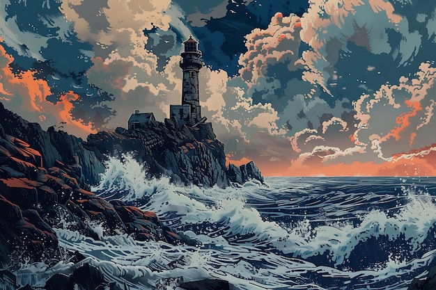 Lighthouse on the Coast with Dramatic Waves