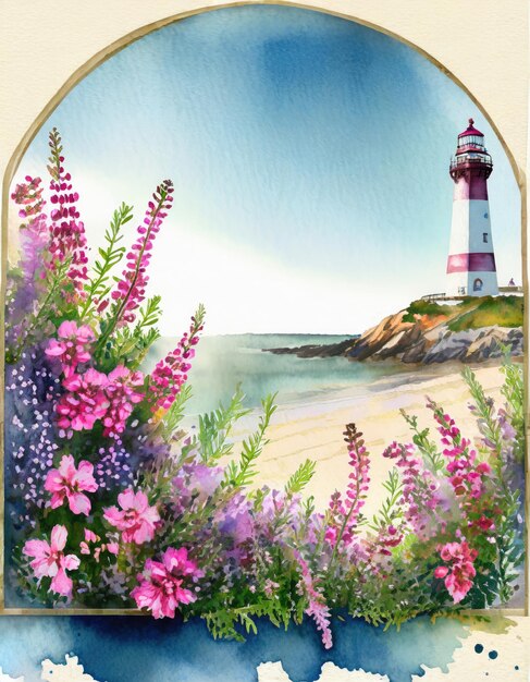 Lighthouse Copyspace Over Coastal Florals