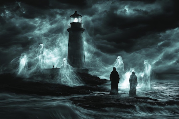 Photo a lighthouse ghosts and two figures on a rocky shore