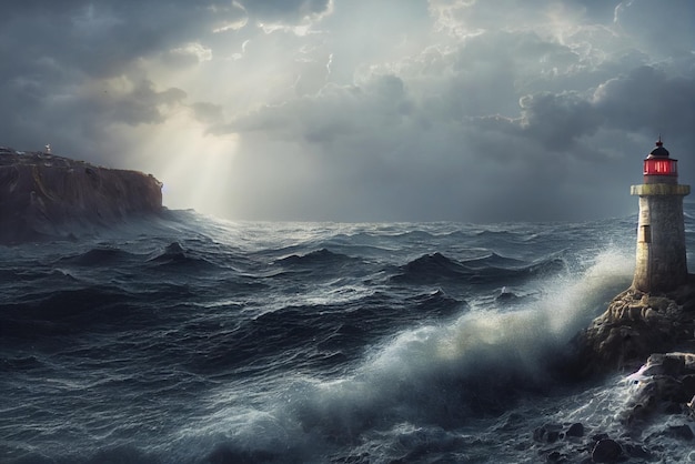 Lighthouse at the high vertical cliff in the middle of stormy sea