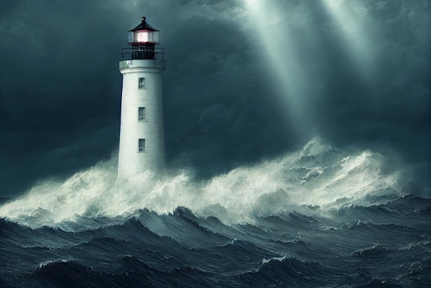 Lighthouse at the high vertical cliff in the middle of stormy sea