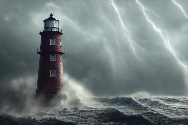 Lighthouse at the high vertical cliff in the middle of stormy sea