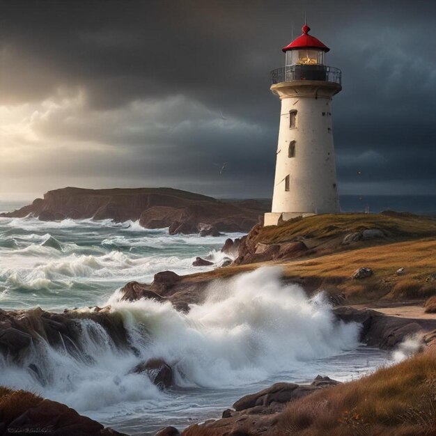 a lighthouse is on a cliff with waves crashing on the rocks