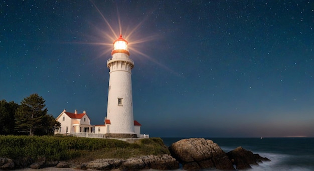 a lighthouse is lit up at night with the sun shining on the top