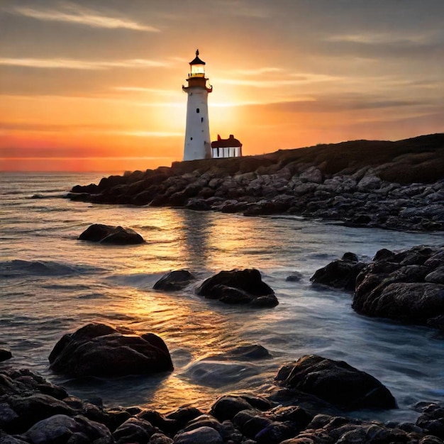 a lighthouse is lit up at sunset with the sun shining on the water