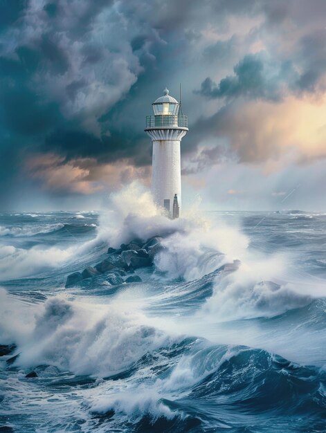 Lighthouse is in middle of rough sea with crashing waves