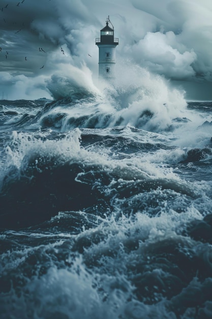 A lighthouse is in the middle of a rough sea