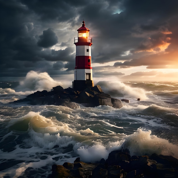 a lighthouse is on a rock with the ocean in the background