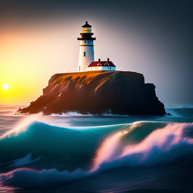 A lighthouse is on a small island in the ocean with the sun setting behind it.