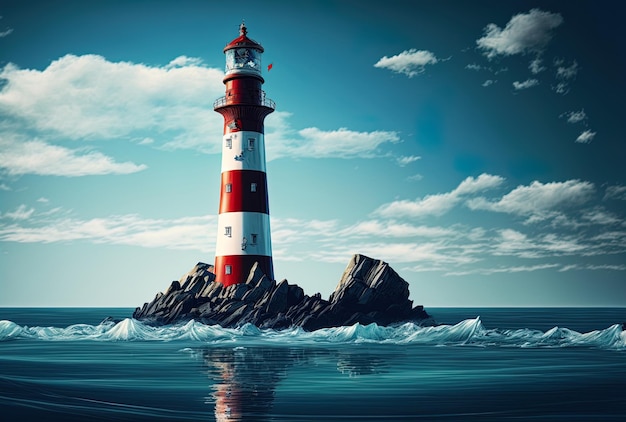 Lighthouse on the Ocean or Sea with a Background of Blue Sky